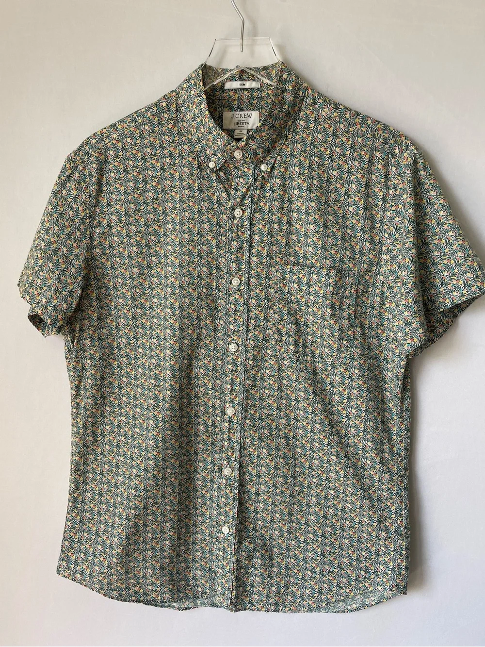 J. Crew Liberty Meridian Green Floral Short Sleeve Poplin Shirt M